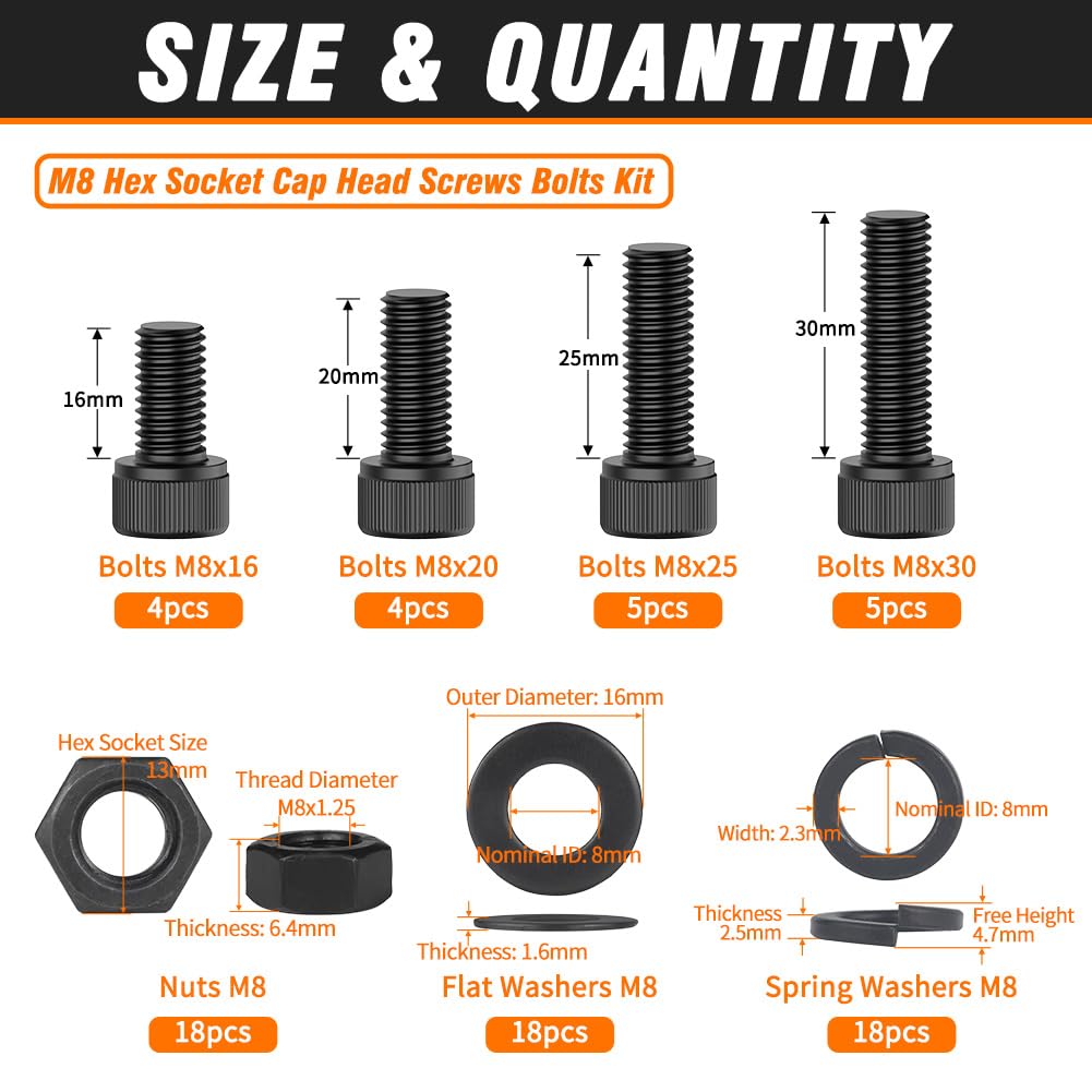 12.9 Grade M8 Screws Assortment Kit, 72pcs Bolts and Nuts Washers Set