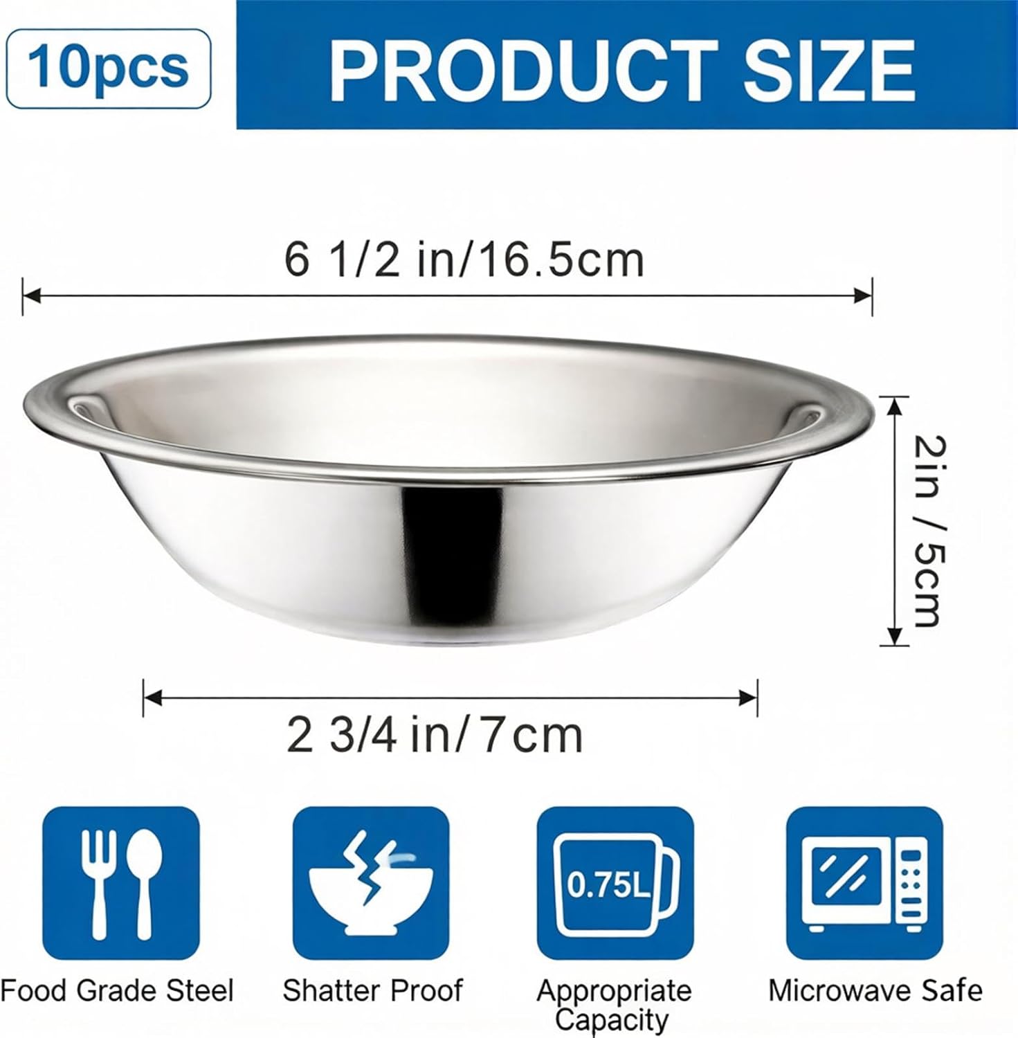 10 Pack Small Stainless Steel Bowls, 6 1/2 Inch Wide Kitchen Metal Bowl with Flat Base, 3/4 Quart Prep Bowls for Meal