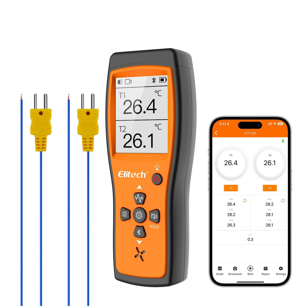 Elitech Bluetooth Thermocouple Thermometer Digital Temperature Data Logger K-Type, APP Real time Data, 5000 Points Capactiy(Optional),OTA Remote Firmware Upgrade, ADJ Compensation, 2 Channels HVAC Lab