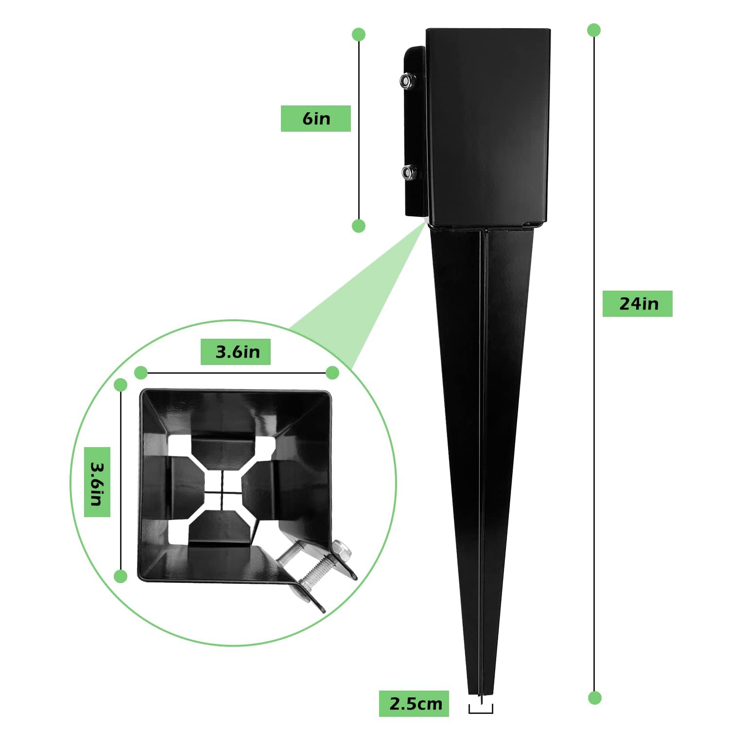Fence Post Anchor Ground Spike Heavy Duty Black Powder Coated Fence Stakes Post Base for Mailbox, 24 x 4 x 4 Inches