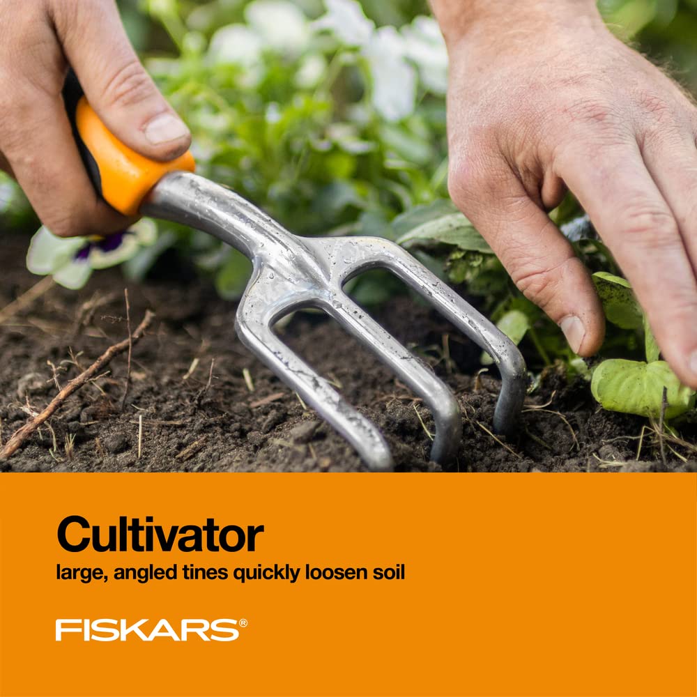 Fiskars 3-in-1 Garden Tool Set, Polished Cast-Aluminum Heads for Rust Resistance, Heavy-Duty Trowel, Transplanter &