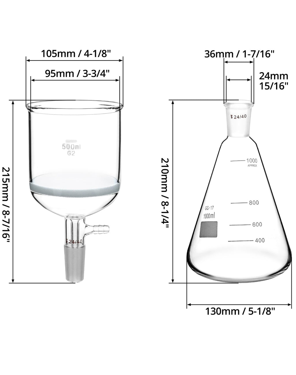 Borosilicate Glass 500ml Buchner Filtering Funnel and 1000 mL Erlenmeyer Flask, with Standard 24/40 Joint