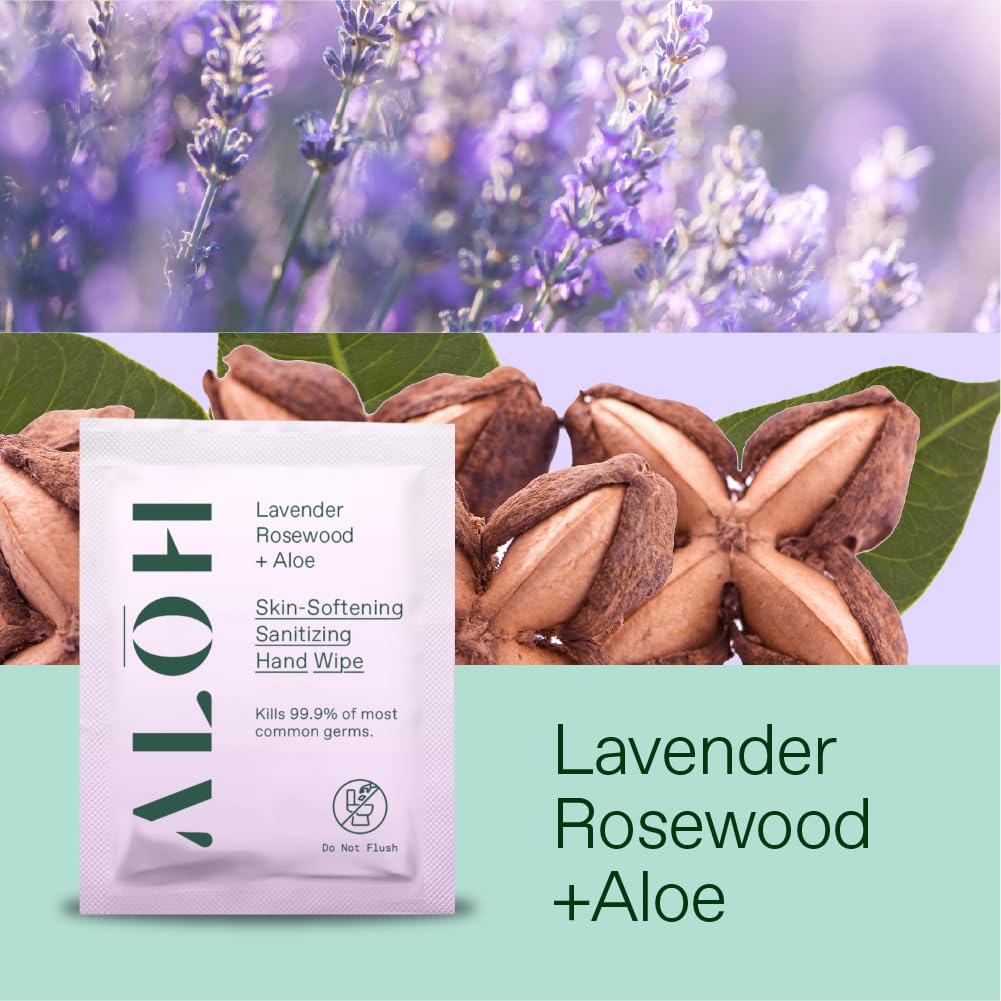 ALŌH Lavender Rosewood + Aloe Hand Sanitizer Wipes Individually Wrapped | Clean Hands, Clear Mind, On The Go, Travel