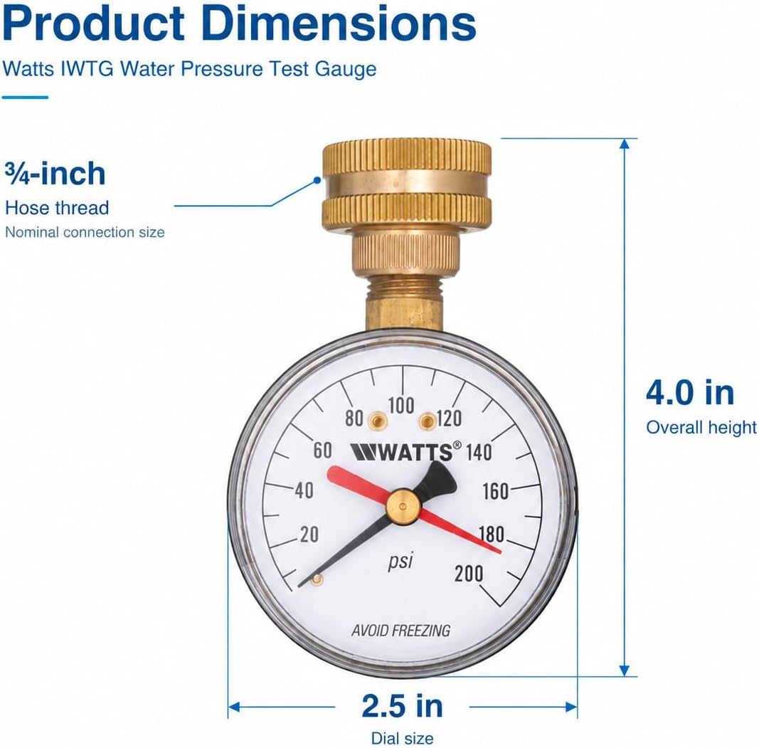 Watts Water Pressure Test Gauge 3/4" HT Hose Connection 0-200 psi