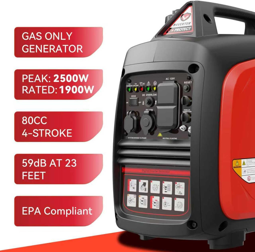 2500W Portable Generator Super Quiet Inverter Generator Ultra Lightweight for Home Backup Outdoor Camping, CO Sensor