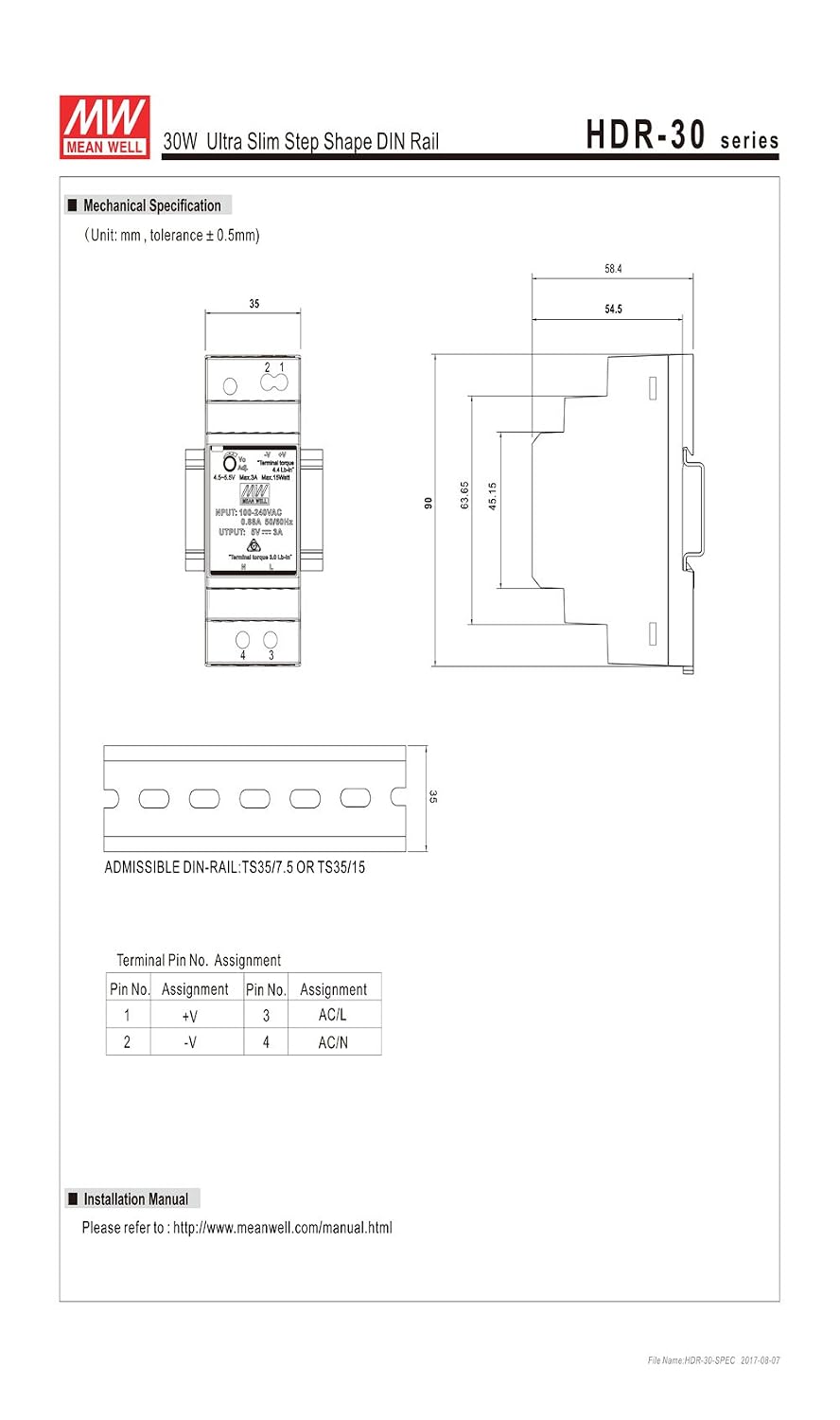 MEAN WELL HDR-30 Ultra Slim Step-Shape 2SU DIN Rail Power Supply, 12V 2A 24W