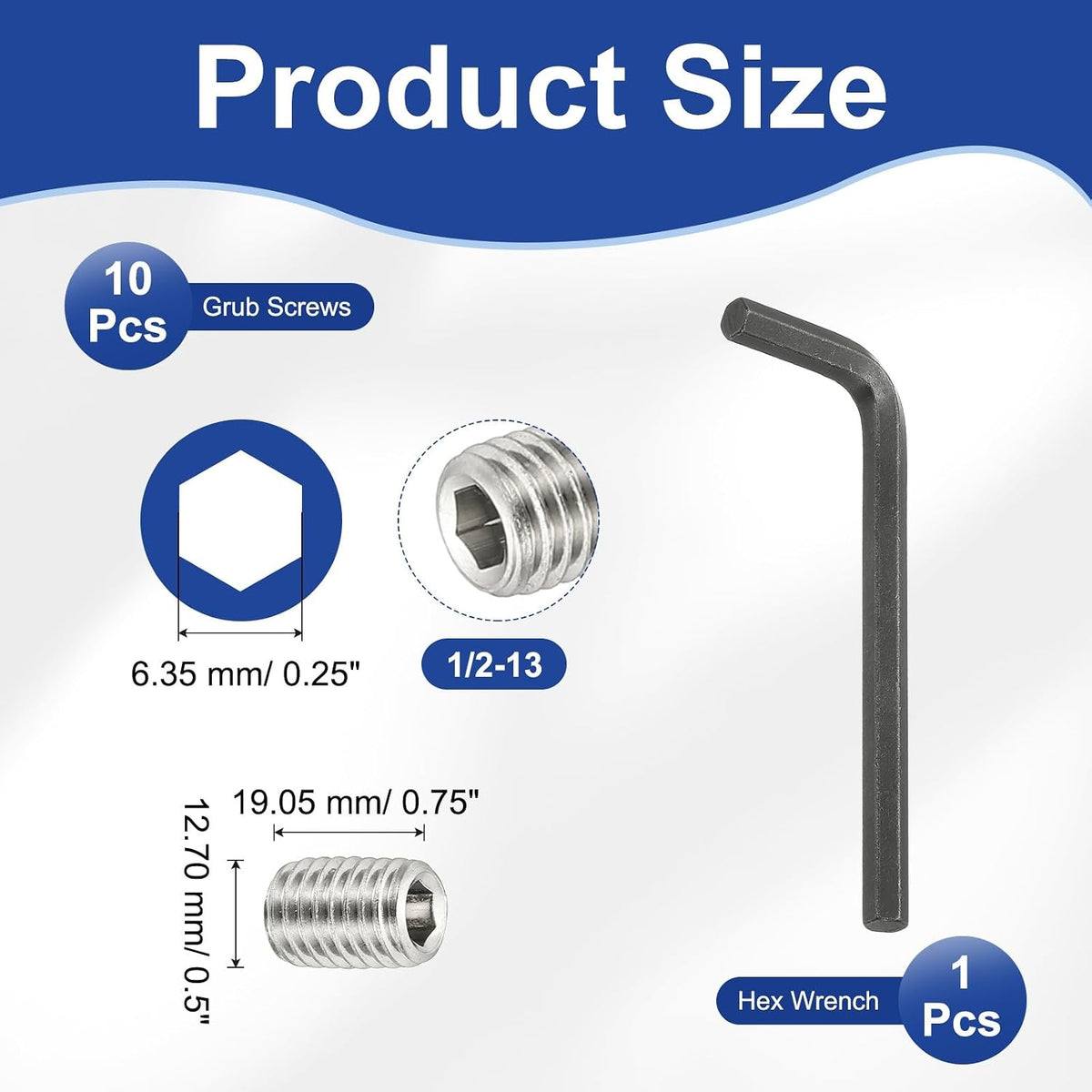 PATIKIL 1/2-13x3/4 Hex Socket Grub Screws, 10 Pcs Cup Point Set Screw with Wrench