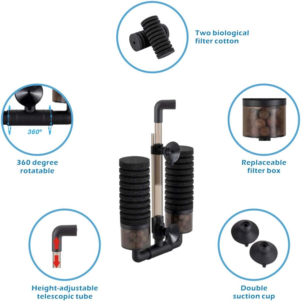 Sponge Filter, Aquarium Filter Double Sponge Replaceable Media with 4 Biochemical Sponges and 1 Bag of Filtered