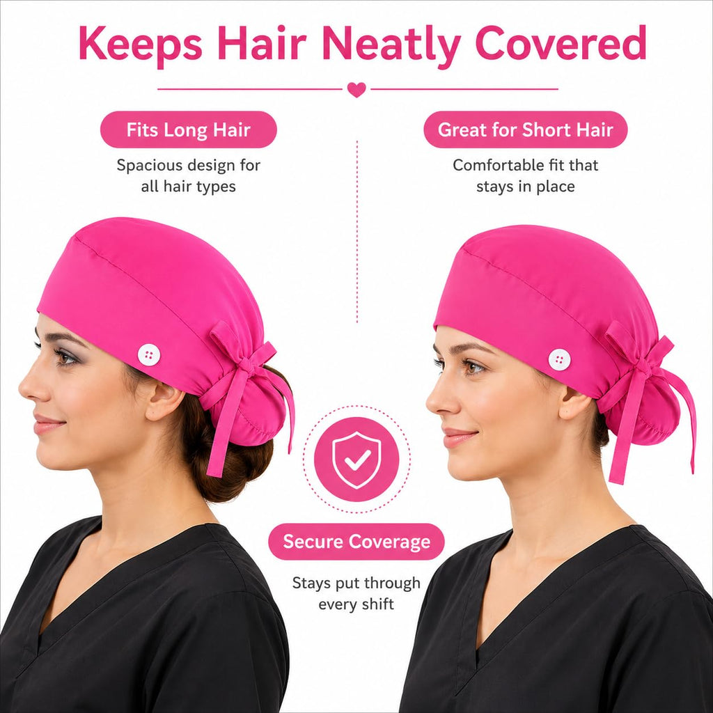 Scrub Cap for Women, Ponytail Pouch, 100% Cotton Surgical Hat, Sweatband, Adjustable Tie Back Nurse Working Cap
