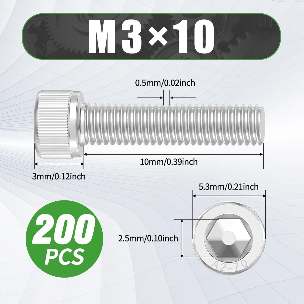 200 Pcs M3 x 10mm Hex Socket Cap Head Screws Bolts - 304 Stainless Steel