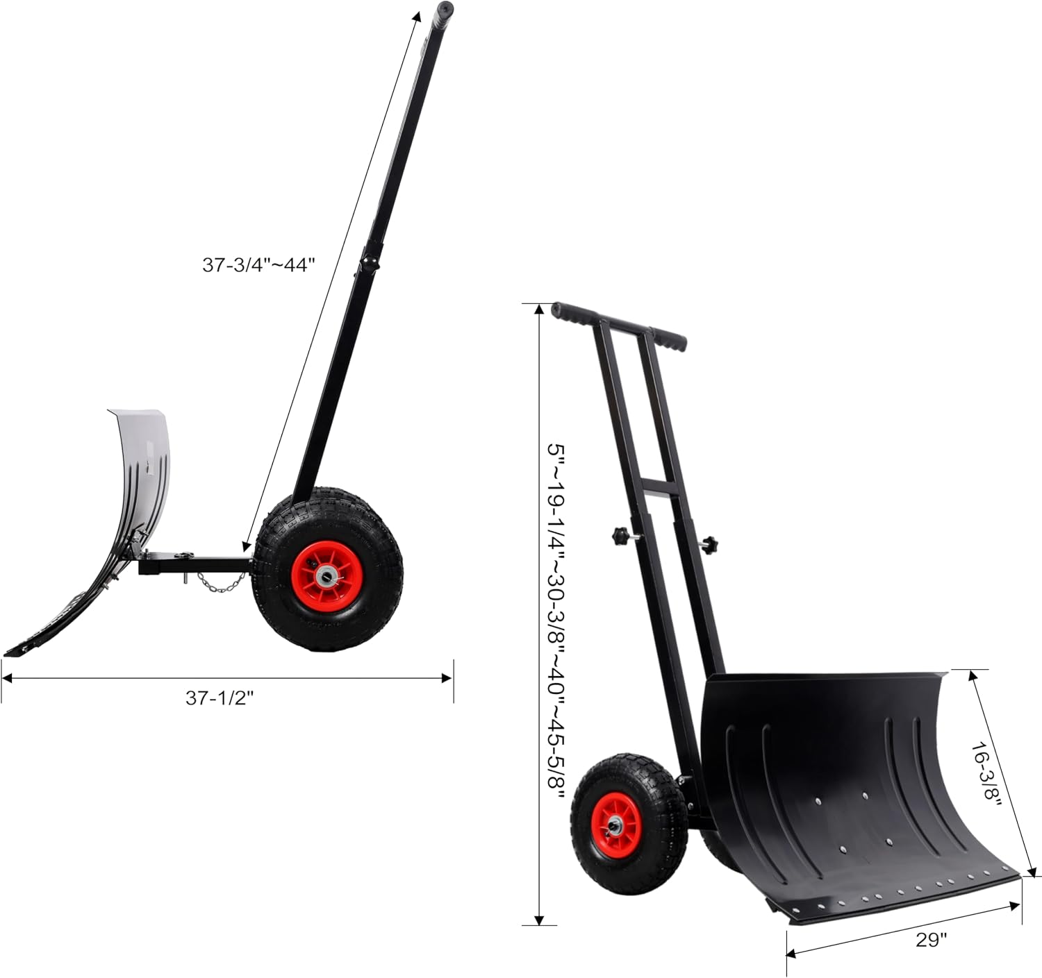 Heavy-Duty Snow Shovel with Wheels, 30" Wide Metal Snow Pusher with Adjustable Height & Angle Handle, Carbon Steel