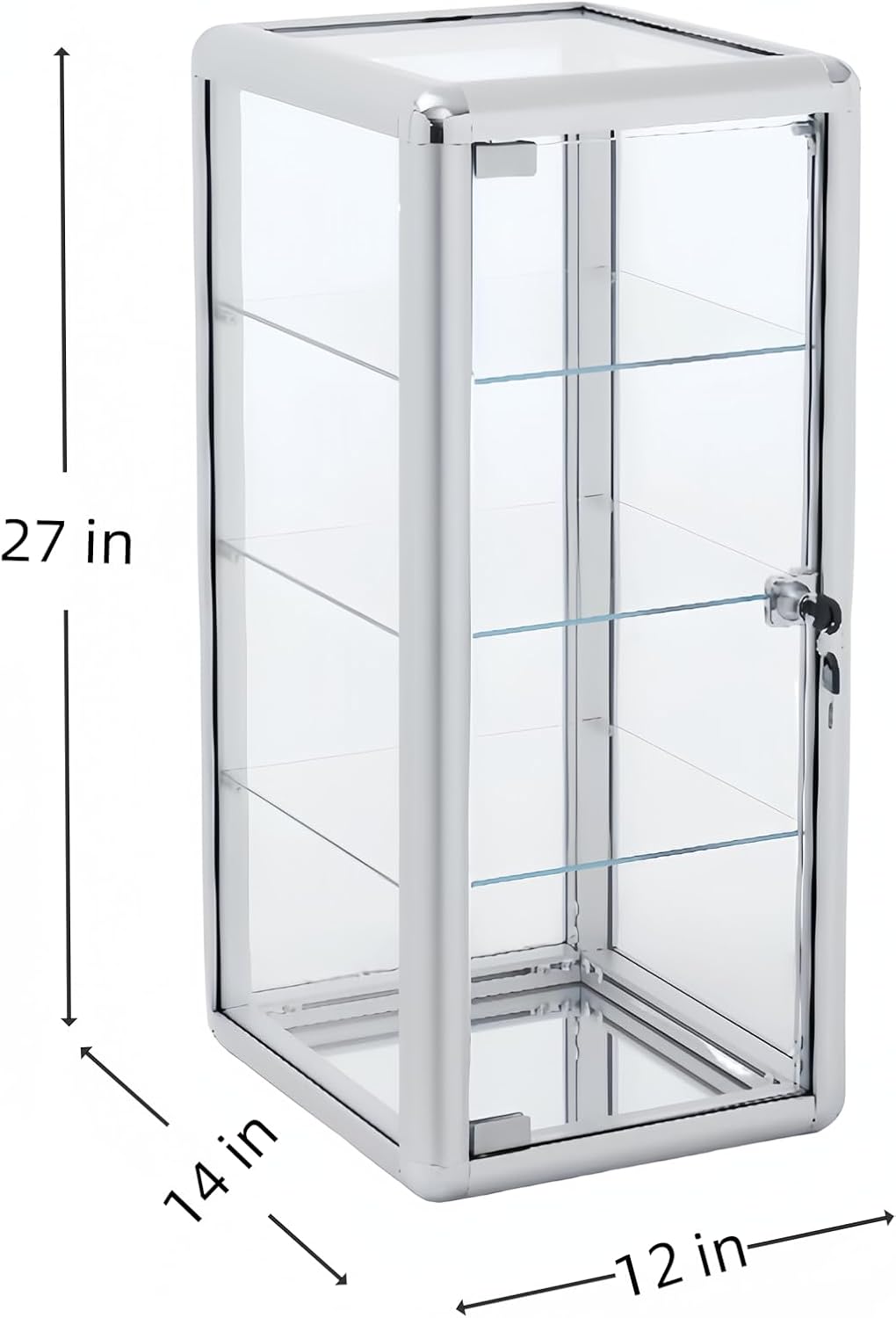 Tempered Glass Display Case, 4-Shelf, 12" D x 14" W x 27" H, Silver | Lockable, Countertop Showcase, Aluminum Frame