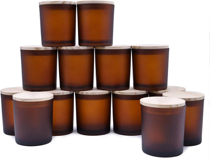 8 OZ Thick Candle Jars for Making Candles 15 Pcs, Empty Amber Jars with Wood Lids for Candle Making, Sample