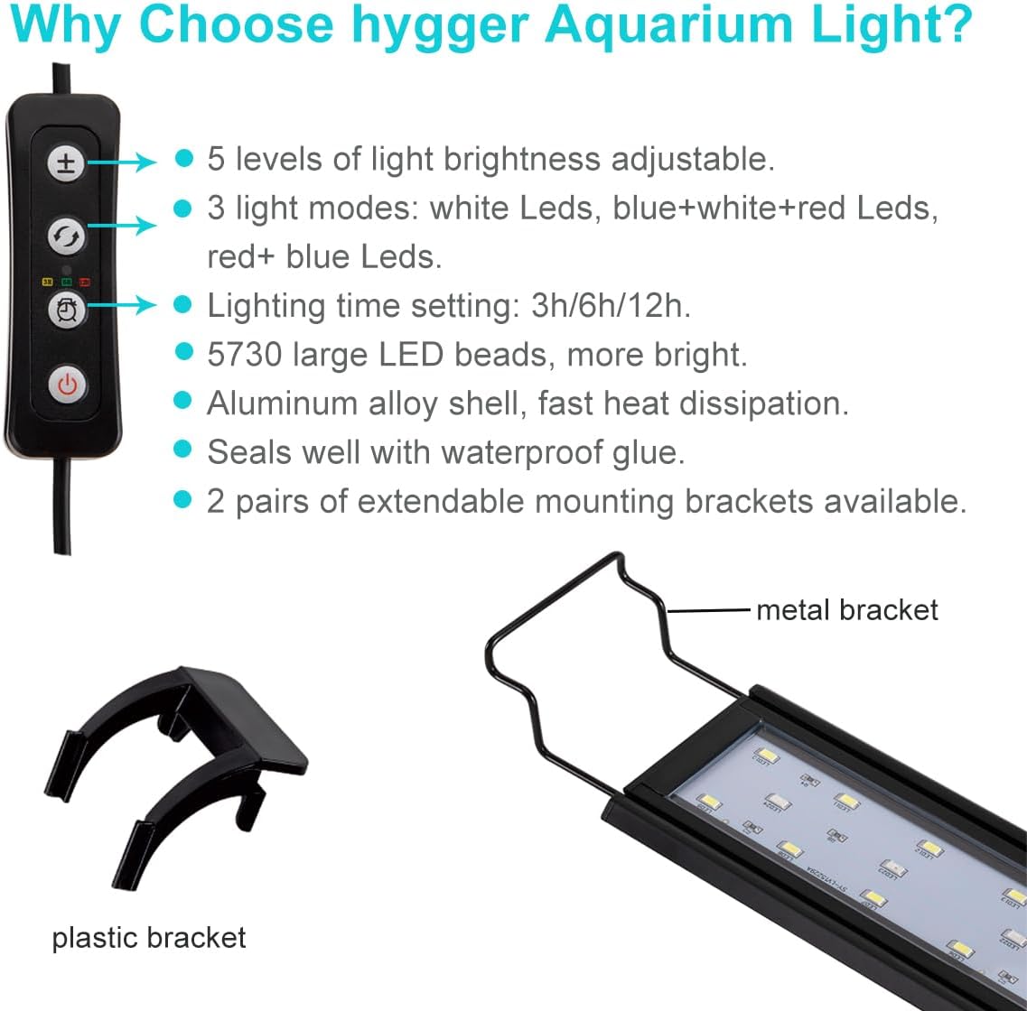 14W Full Spectrum Aquarium Light with Aluminum Alloy Shell Extendable Brackets, White Blue Red LEDs, External