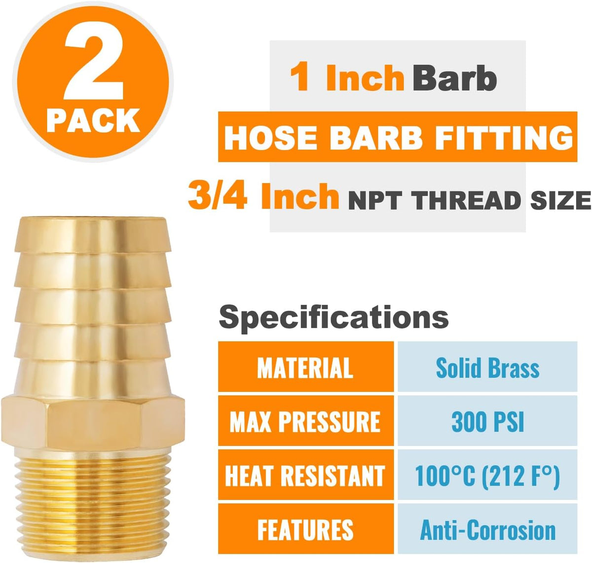 SUNGATOR 3/4" NPT to 1" Barb, Hose Barb Fitting, Air Hose Fitting, 2-PCS
