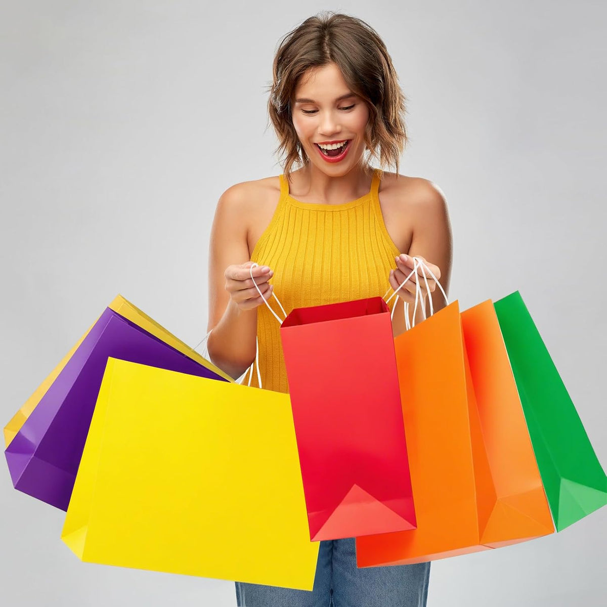 30 Pack 16 x 12 x 6 Inch Large Multicolor Paper Bags with Handles