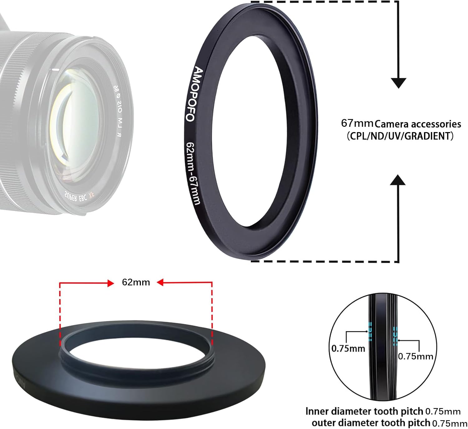 62mm to 67mm Step-Up Ring Filter adapter/62mm to 67mm Camera Filter Ring for 67mm UV,ND,CPL,Metal Step Up Ring
