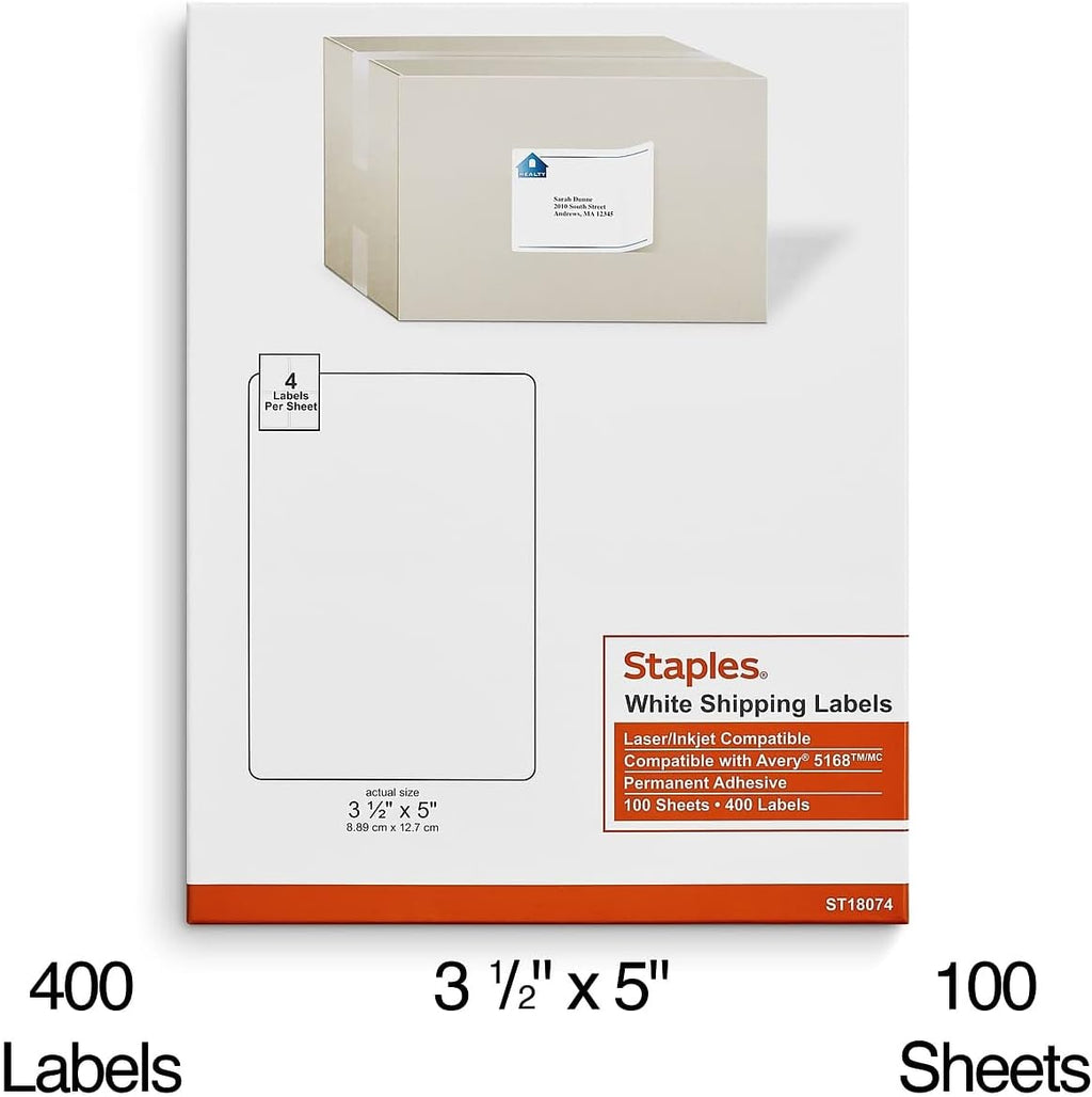 Shipping Labels, 3.5x5 Inch, White, Laser/Inkjet, 4/Sheet