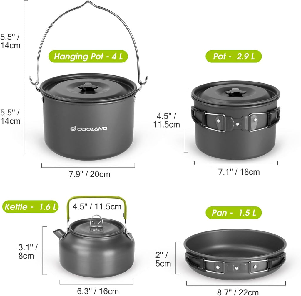 39pcs Camping Cookware Mess Kit, Non-Stick Large Size Hanging Pot Pan Kettle with Base Dinner Cutlery Sets for 6 and