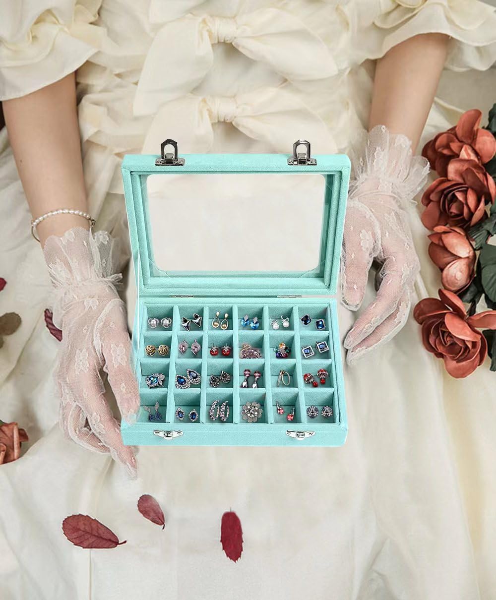 Velvet Jewelry Box 24 Grid Jewelry Earrings Display Organiser Box Ring Tray Holder Earrings Storage Case for Girls