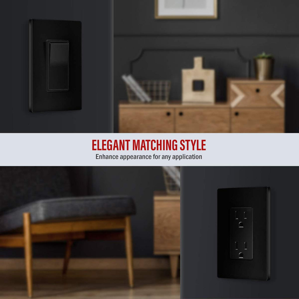 ENERLITES 1-Gang Black Screwless Decorator Switch Outlet Wall Plate Cover
