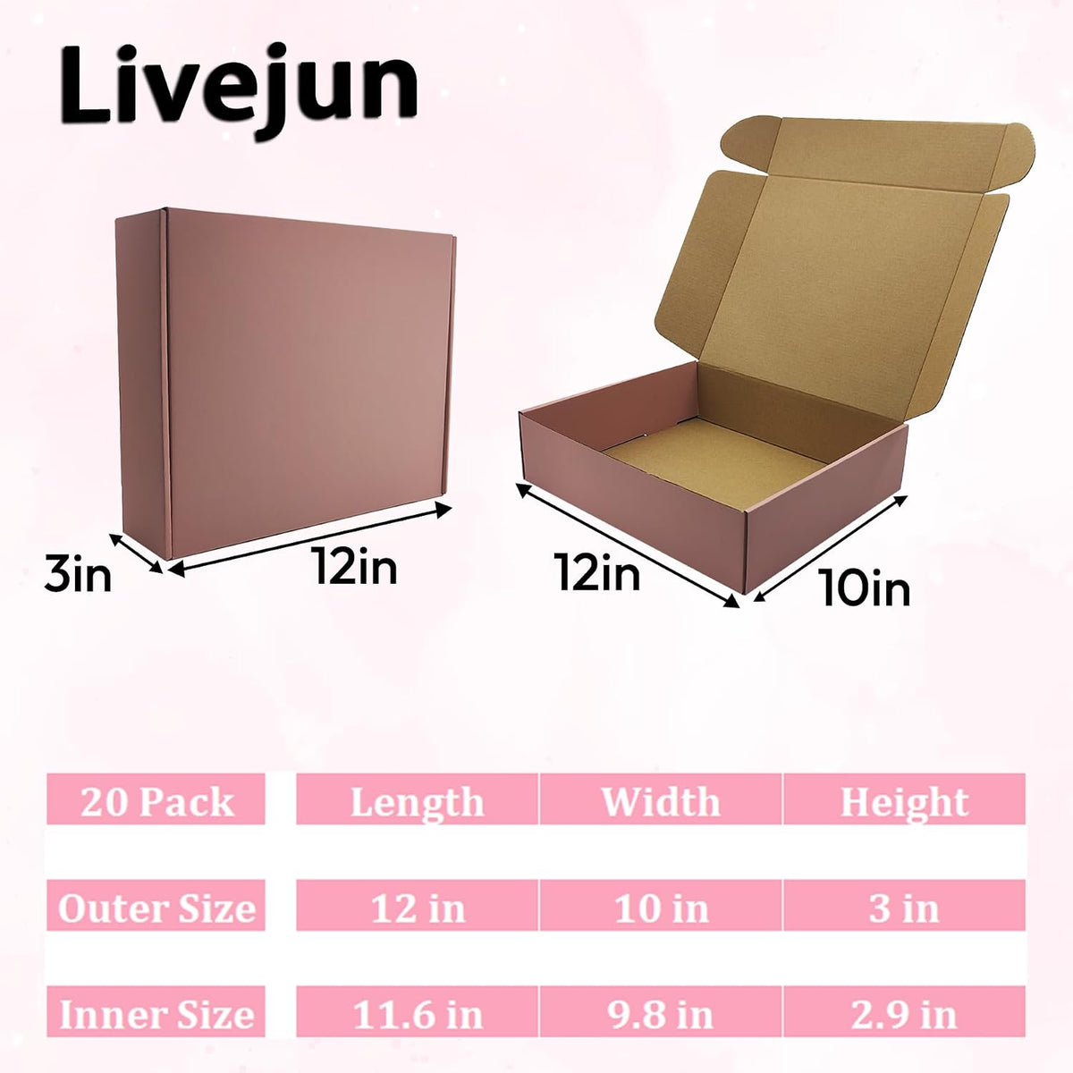 Pink Shipping Boxes 20 Pack 12x10x3 inch, Corrugated Cardboard Gift Box