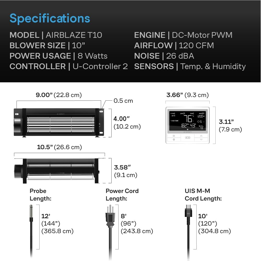 AC Infinity AIRBLAZE T10, Universal Fireplace Blower Fan Kit 10"