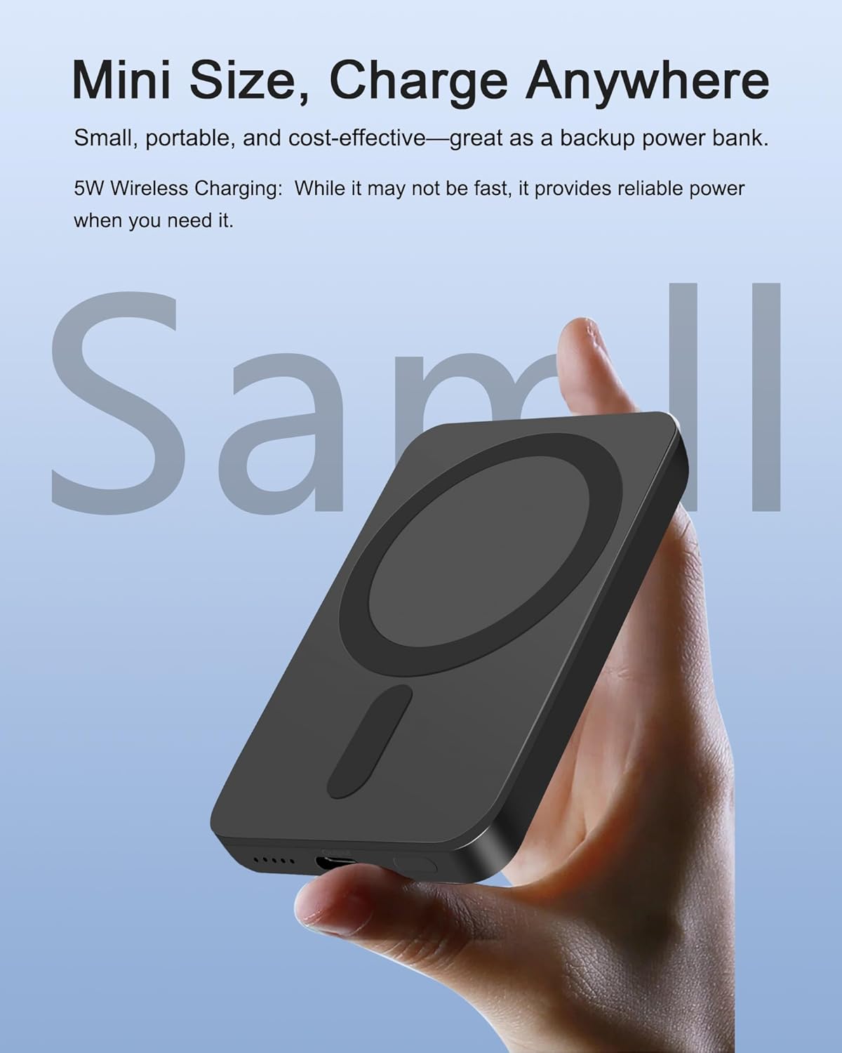 Mini MagSafe-Compatible Portable Charger, 5000mAh 5W Compact Magnetic Power Bank for iPhone 16/15/14/13/12, 12W USB-C