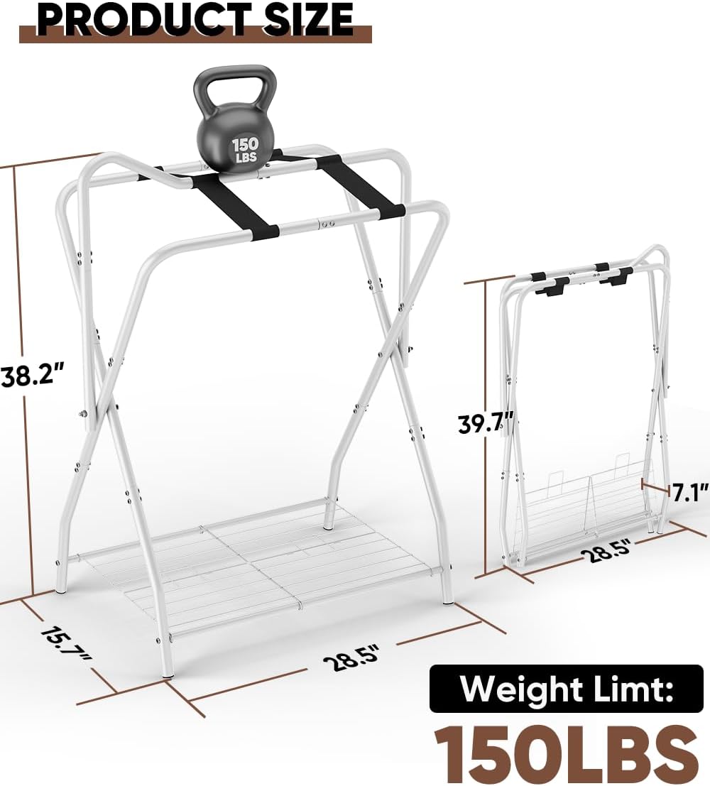 Foldable Saddle Rack with Bottom Storage for Horse Stable, White