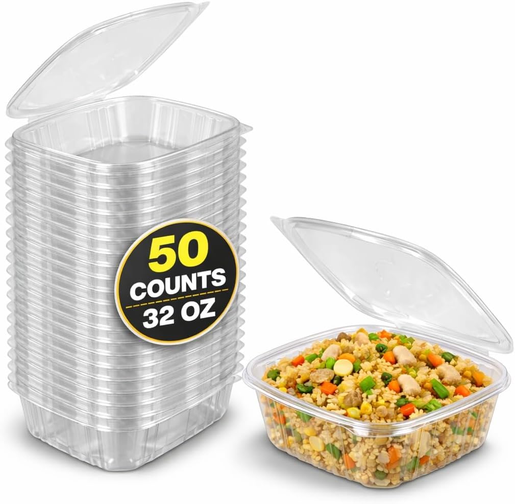 Deli Containers with Hinged Lids, Clear PET Plastic, 32 Ounces, 50 Count, Clamshell, Rectangular, Leak-Resistant