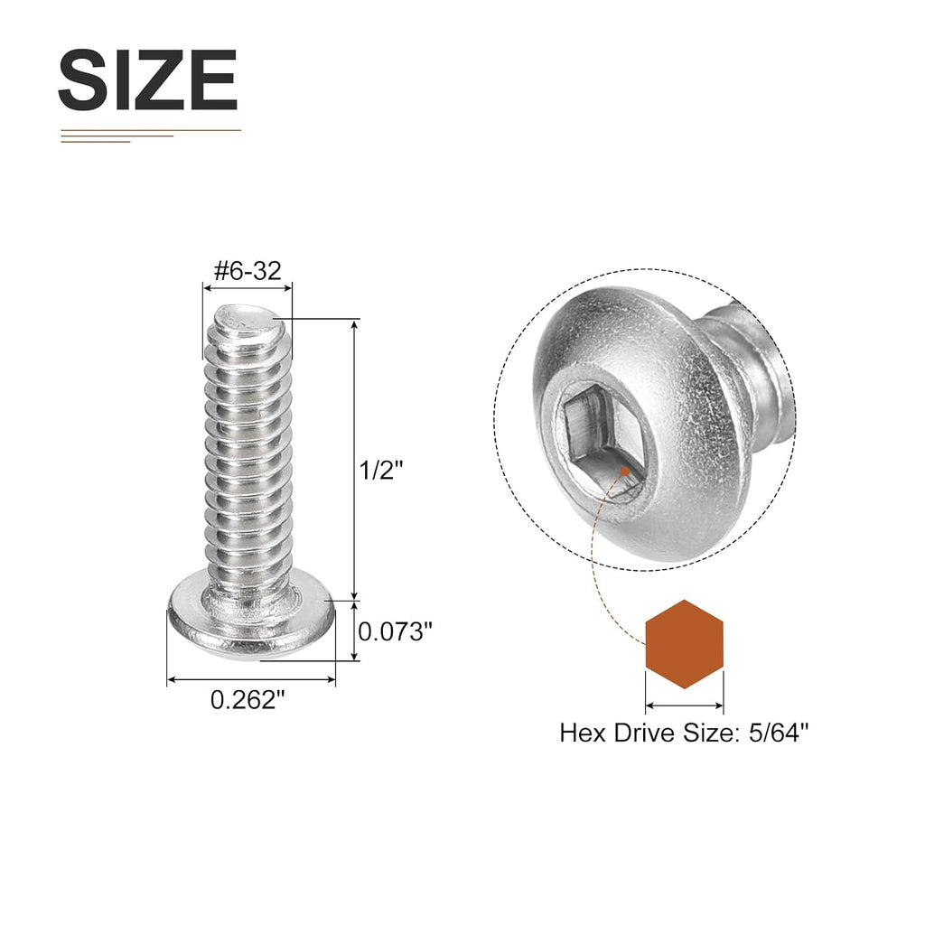 DTGN #6-32x1/2 Button Head Socket Cap Screws - 100Pack - Good for Machine - 304 Stainless Steel 18/8 - Hex Drive Full Thread UNC Fasteners