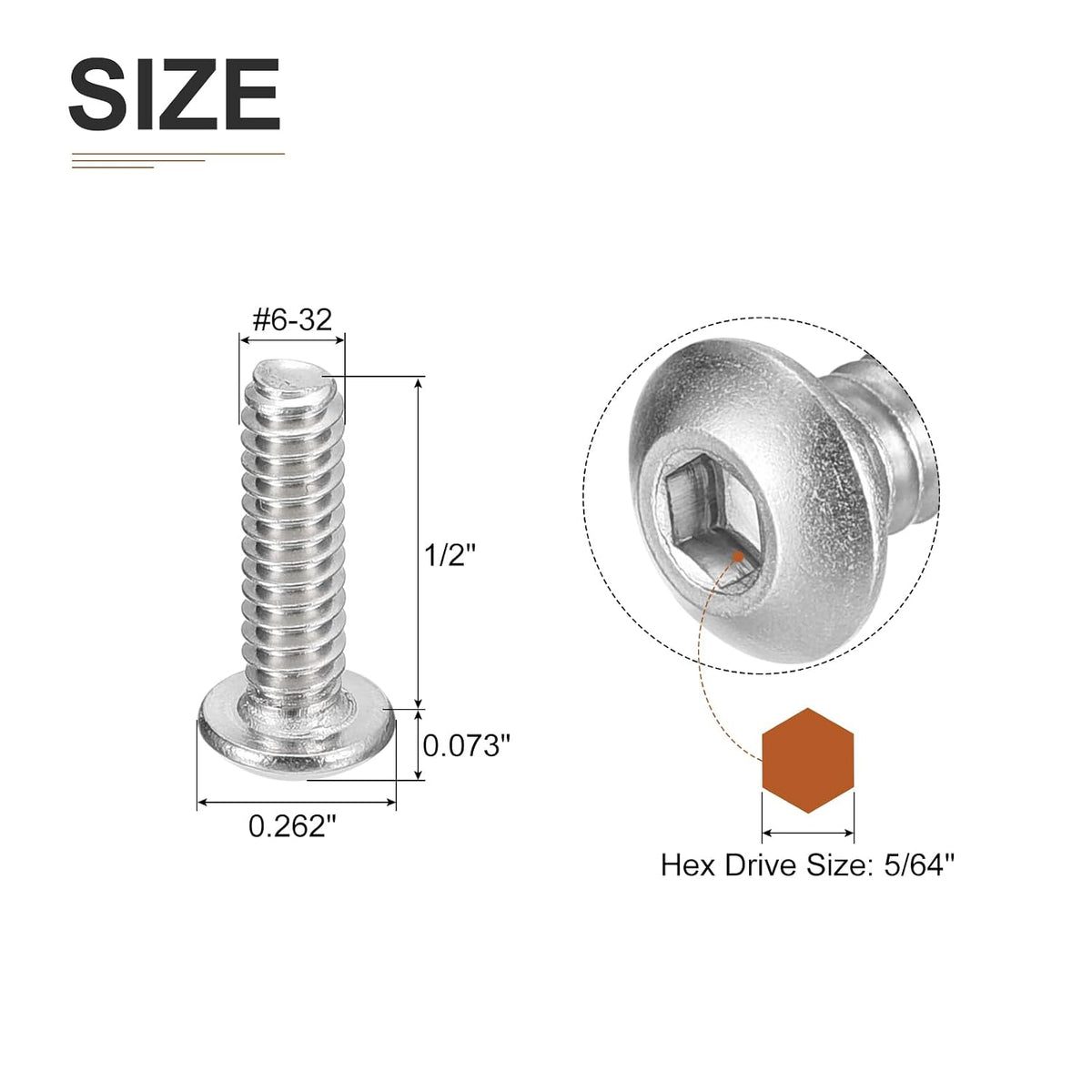 DTGN #6-32x1/2 Button Head Socket Cap Screws - 100Pack - Good for Machine - 304 Stainless Steel 18/8 - Hex Drive Full Thread UNC Fasteners