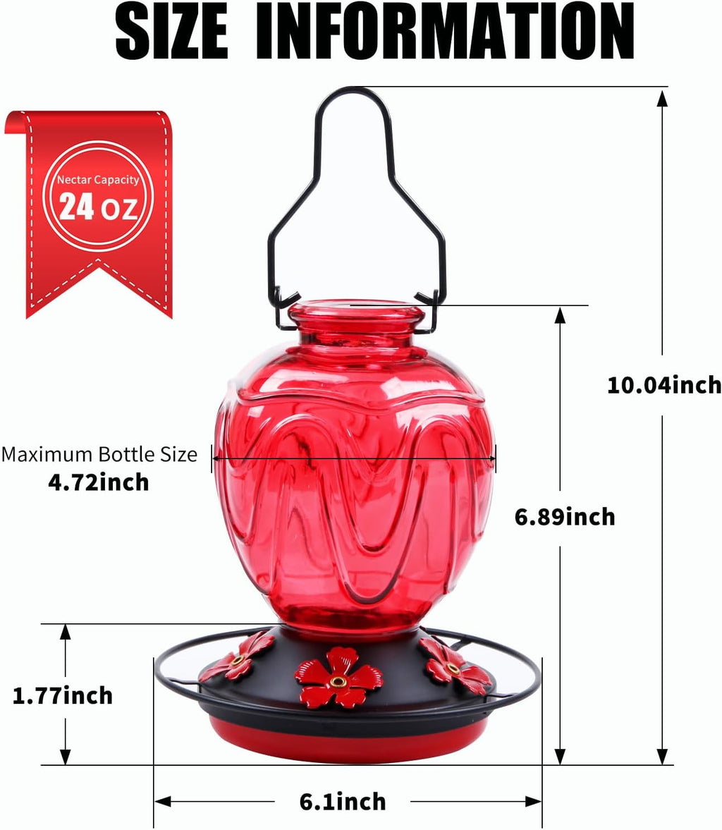 Glass Hummingbird Feeder for Outdoors Hanging, 24Ozs Humming Bird Nectar Feeder w/Perch, 5 Flower Feeding Ports, Leak