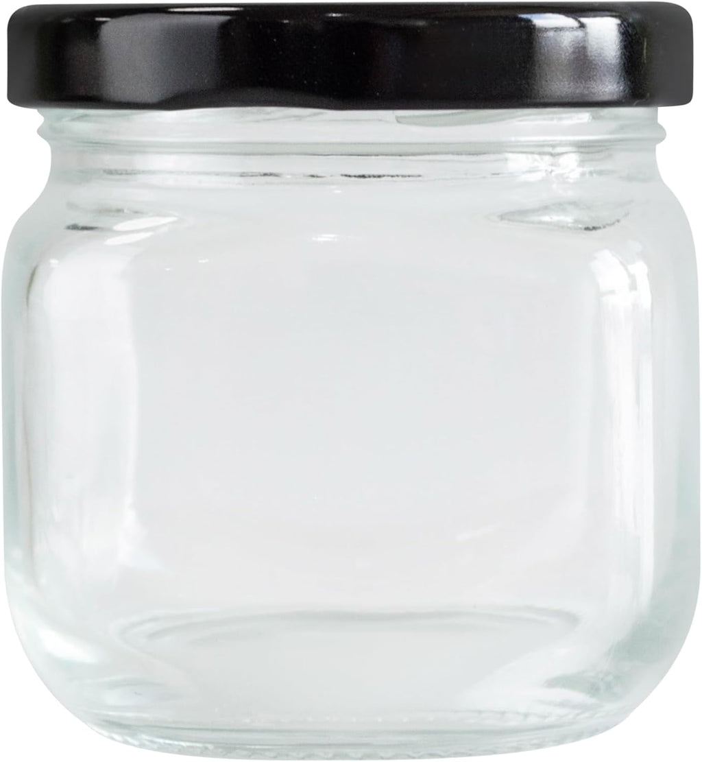 6oz Square Round Glasss Jar with Black Lug Cap, pack of 6