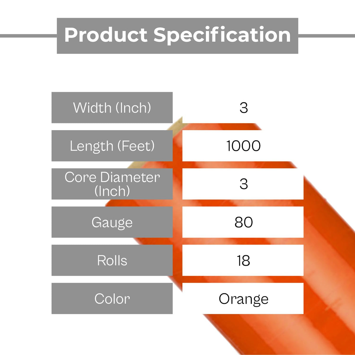 Orange Stretch Wrap, 3 Inch x 1000 Feet/Roll, 80 Gauge, 18 Pack