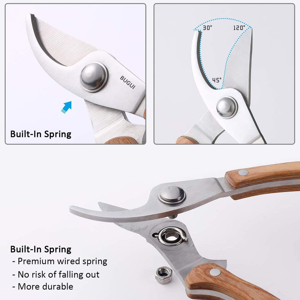 8” Wood Handle Garden Scissors, Set of 2, Includes Bypass Pruning Shears and Long Straight Tip Clippers, Premium