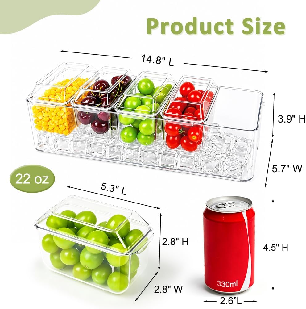 Ice Chilled Condiment Caddy, 5 Compartments with Lids and Utensils