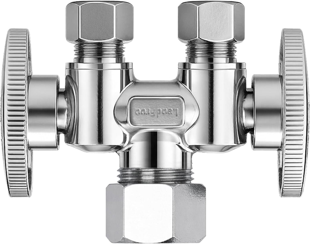 1/2" NOM (5/8" OD) x 3/8" OD x 3/8" OD Dual Shut Off Valve | Chrome Plated Brass 1/4 Turn Double Straight Stop for