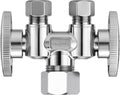 1/2" NOM (5/8" OD) x 3/8" OD x 3/8" OD Dual Shut Off Valve | Chrome Plated Brass 1/4 Turn Double Straight Stop for