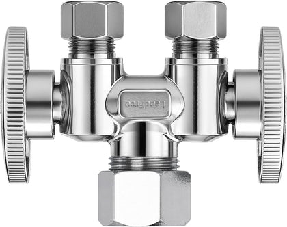1/2" NOM (5/8" OD) x 3/8" OD x 3/8" OD Dual Shut Off Valve | Chrome Plated Brass 1/4 Turn Double Straight Stop for