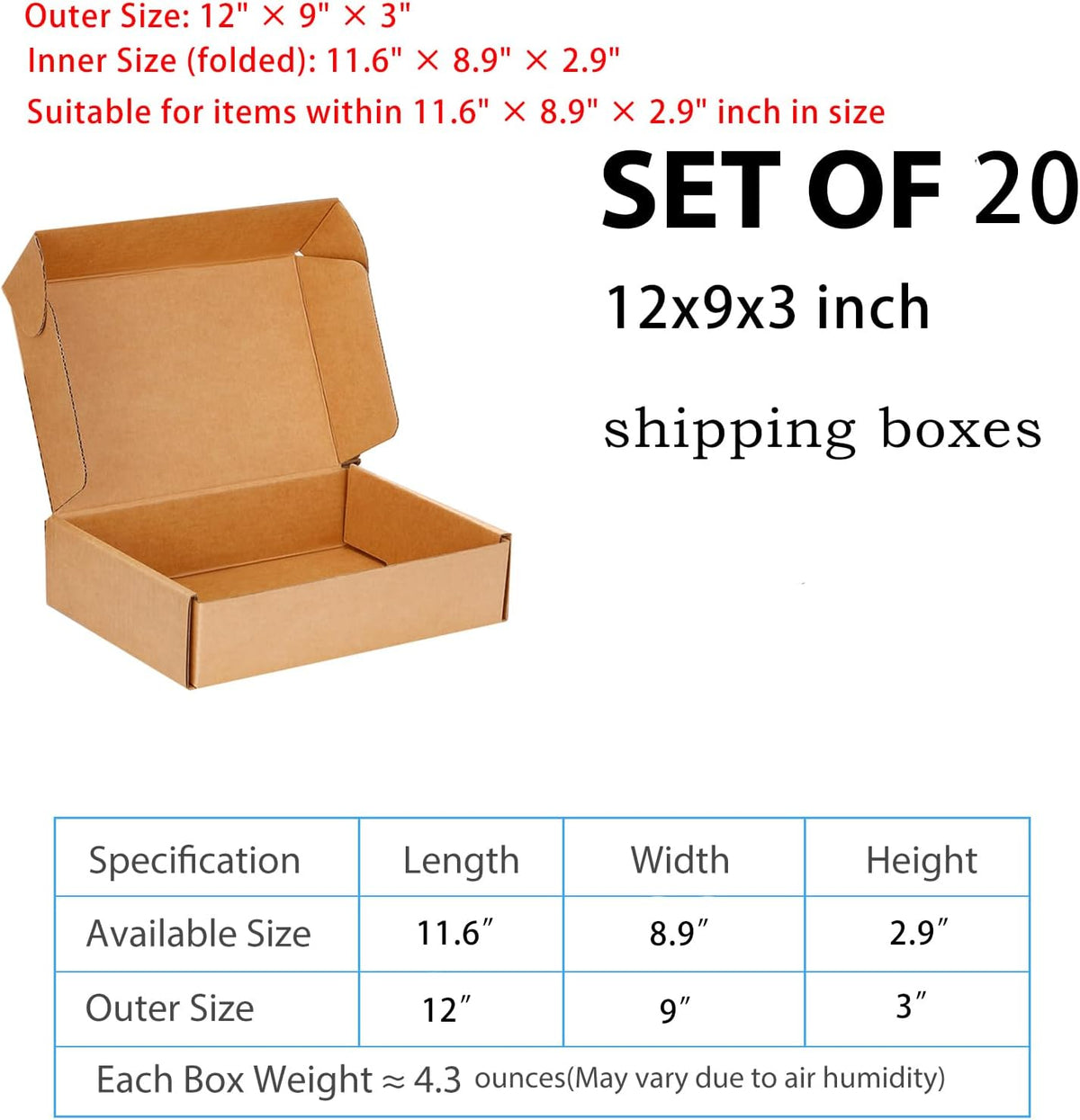 Kraft Brown Shipping Boxes 12x9x3 Inches, 20 Pack