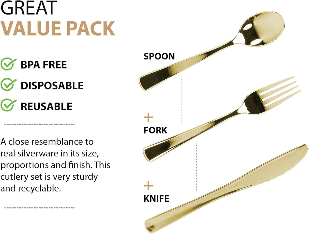Gold Plastic Silverware Set, 160 Count, Extra Heavy Duty Flatware, Disposable Cutlery Utensils, 80 Forks, 40 Spoons