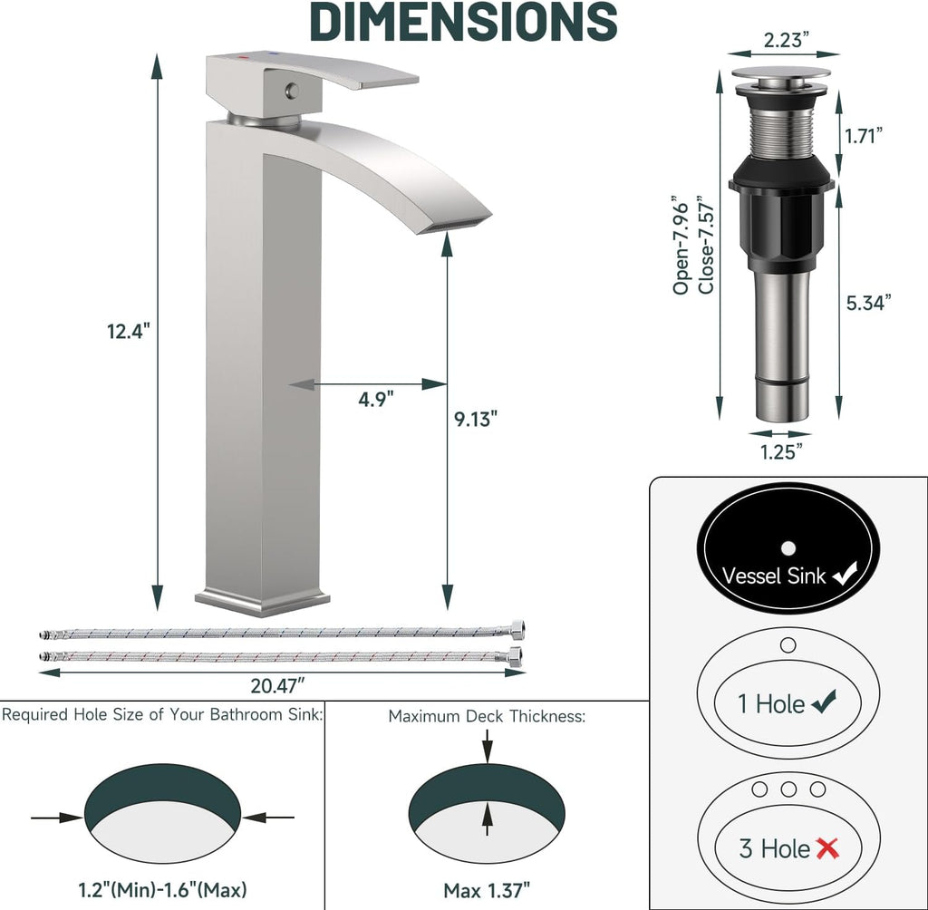 Brushed Nickel Vessel Sink Faucet, Waterfall Bathroom Faucets