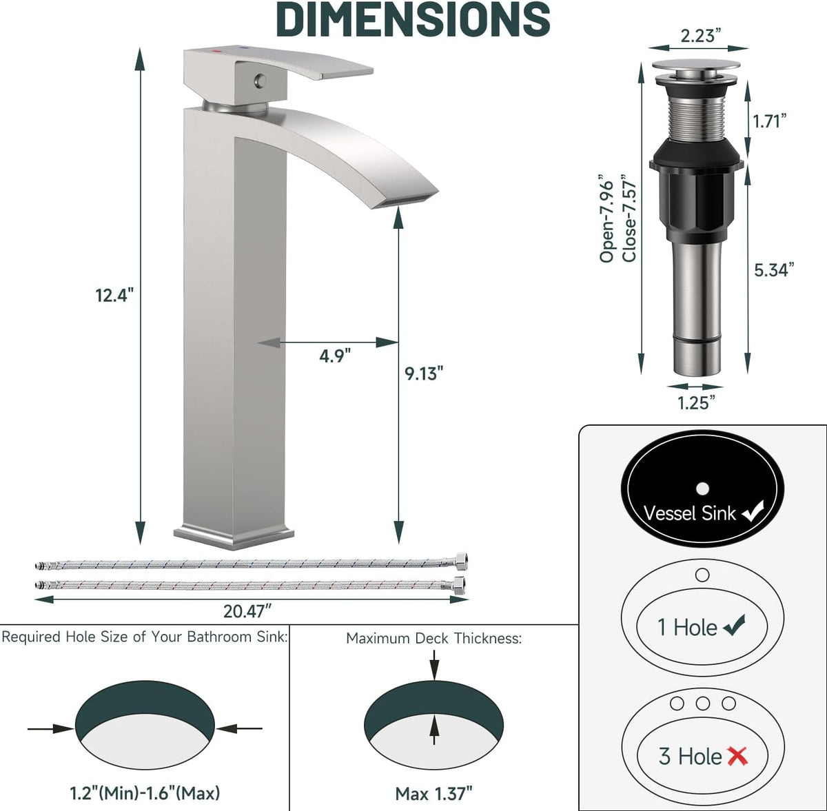 Brushed Nickel Vessel Sink Faucet, Waterfall Bathroom Faucets