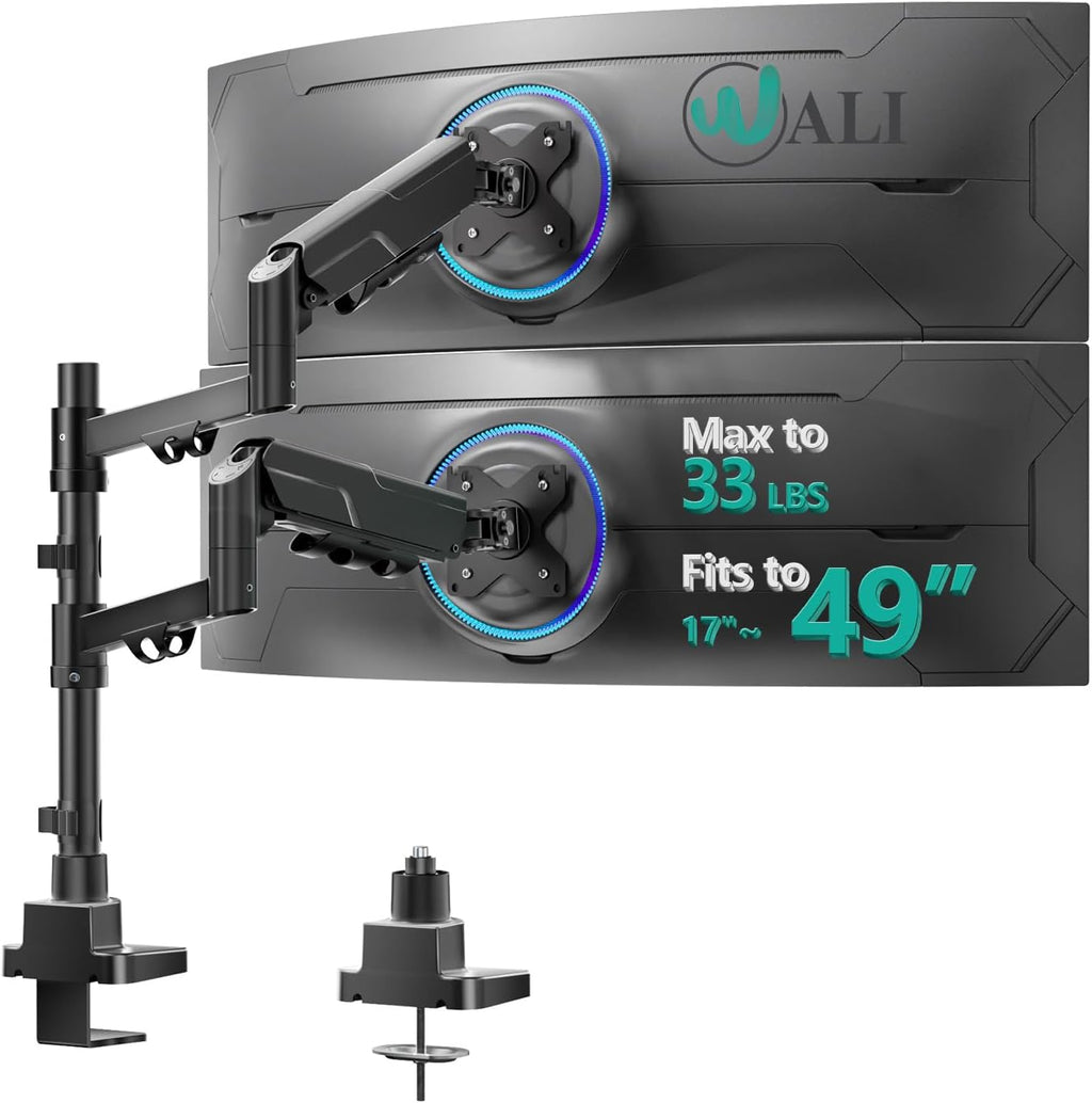 Vertical Dual Monitor Mount for 17-49 inch Curved Screens，up to 33 lbs | Heavy Duty Stacked Ultrawide Monitor Arm