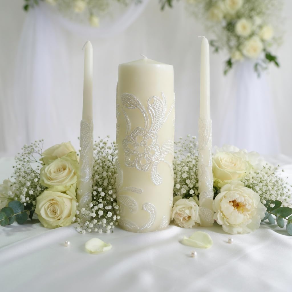 11.50 Inch High Cream Wedding Unity Candle Set Includes 1 Pillar and 2 Taper Candles Great for Weddings as Well as