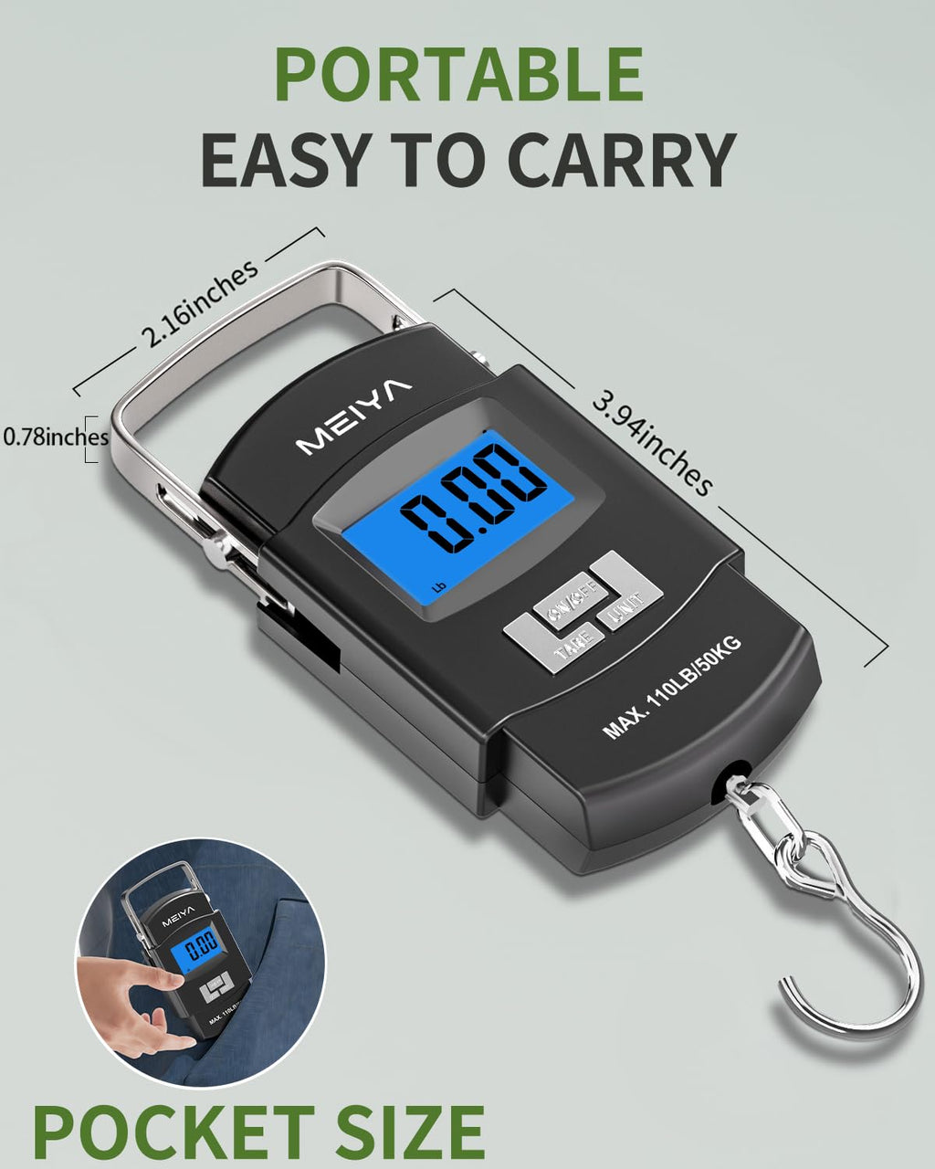 Fish Scale 110lb/50kg Digital Fishing Scale with Backlit LCD, Portable Handle, Stainless Steel Hook & 2 AAA Batteries