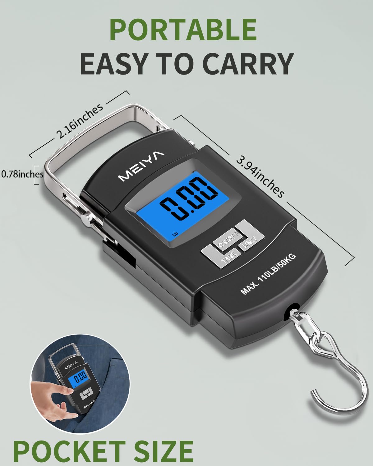 Fish Scale 110lb/50kg Digital Fishing Scale with Backlit LCD, Portable Handle, Stainless Steel Hook & 2 AAA Batteries