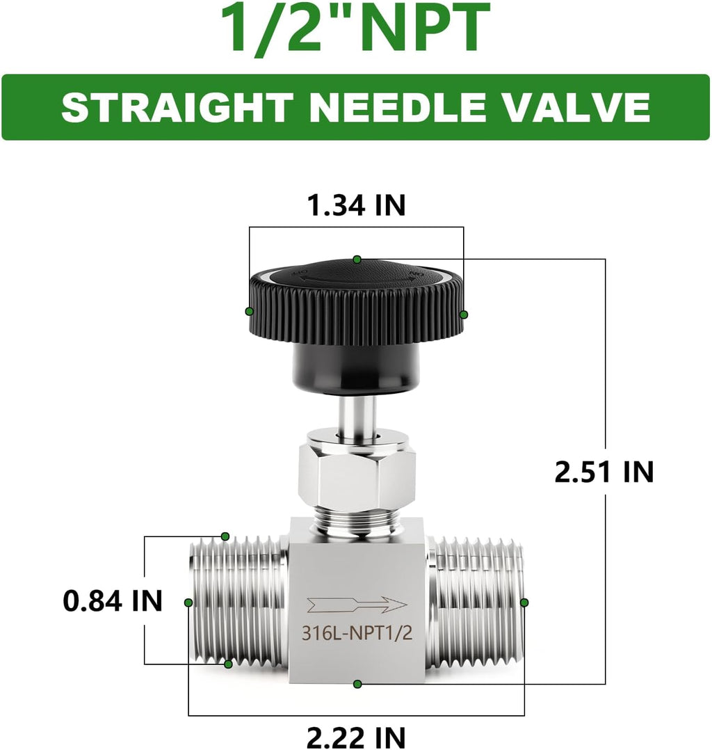TAISHER 1PCS 316 Stainless Steel Needle Valve With Wheel Handle 1/2" MNPT