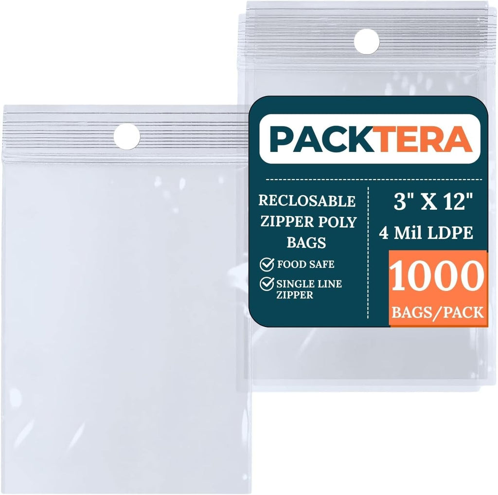 3" X 12" Reclosable Zipper Plastic Poly Bags With Hang Hole 4 Mil LDPE (Pack of 1000) Clear Sealable With Resealable